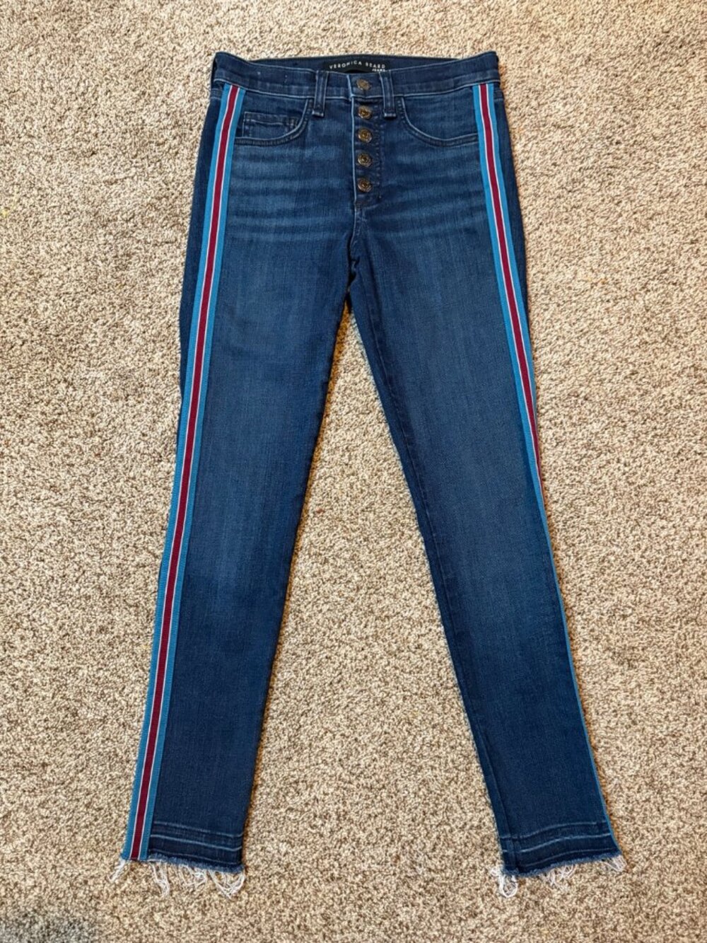 Veronica Beard Debbie 10” Skinny Midnight Fray & Tux Striped Stretch Denim Jeans